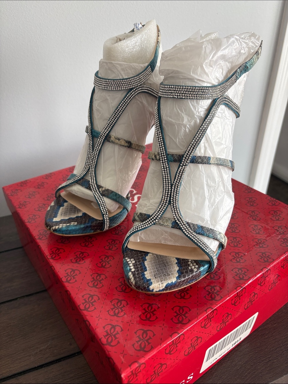 Embellished Teal Snake-Print Strappy Heels